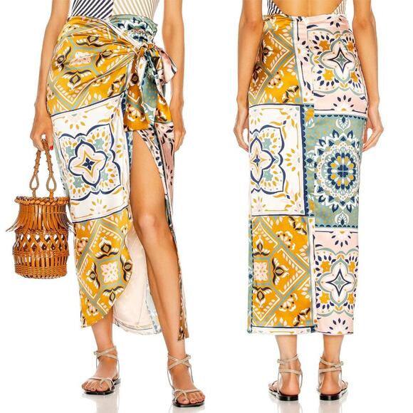 Silvia Tcherassi Bonnan Silk Wrap Skirt Teal Honey Mosaic Print S - Picture 2 of 8